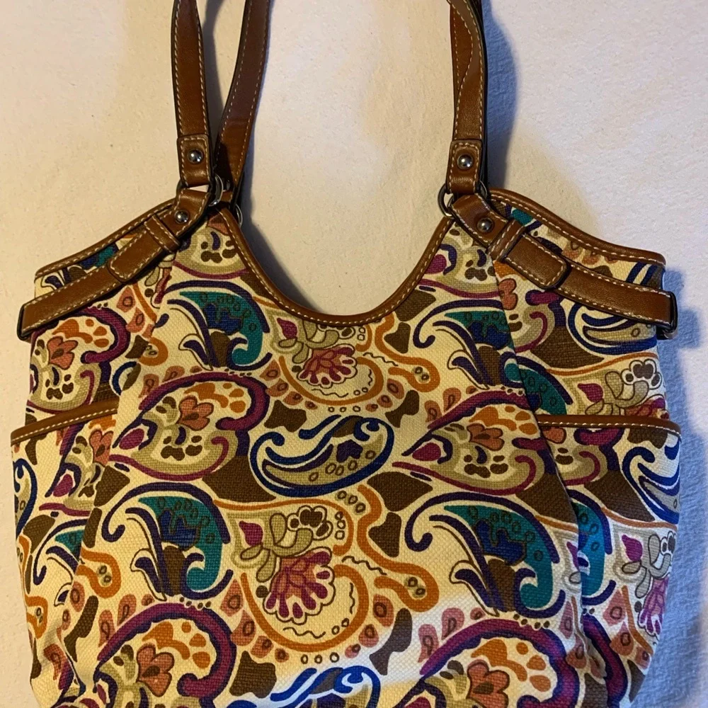 Abstract Paisley Relic coated canvas shoulder bag, vegan leather trim, Looks new